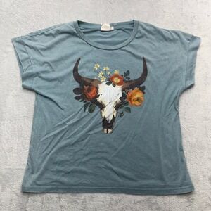 White Crow Graphic T Shirt Womens Large Skull Floral Boho Blue Short Sleeve Tee